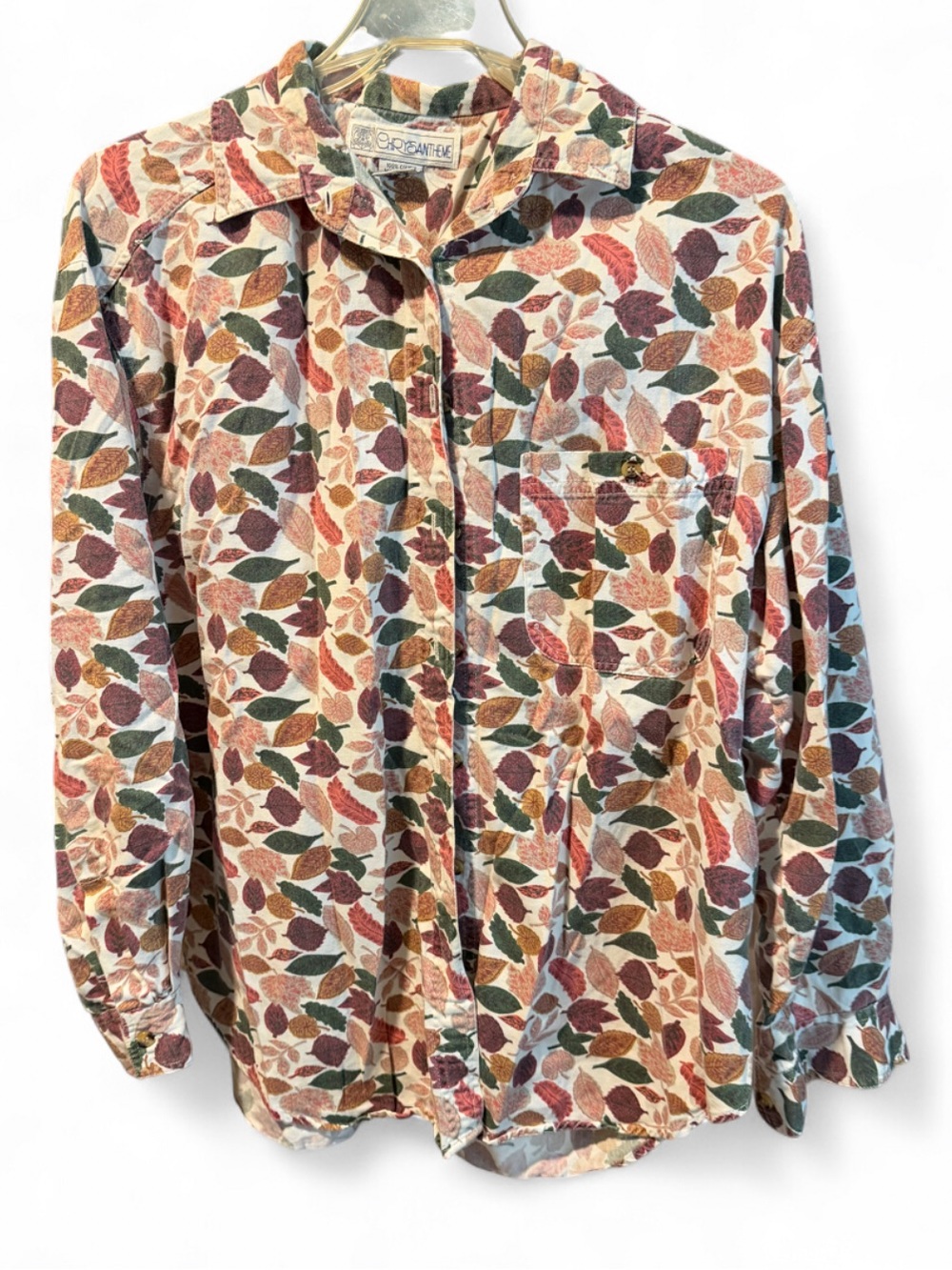 Vintage 100% Cotton Chrysantheme Long-Sleeve Leaf Print Button-Down Shirt